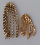A yellow gold belcher or rolo neck chain, 68 cm, 12g and another fancy link neck chain