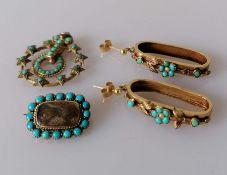 A pair of Victorian gold earring with seed pearl and turquoise decoration, each 30mm, stamped 18ct,