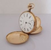 A Waltham stem-wind gold full-hunter pocket watch with white enamel dial, 42mm
