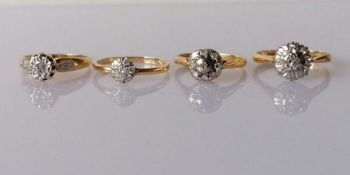 Four 18ct yellow gold diamond rings: the first, a single stone diamond ring