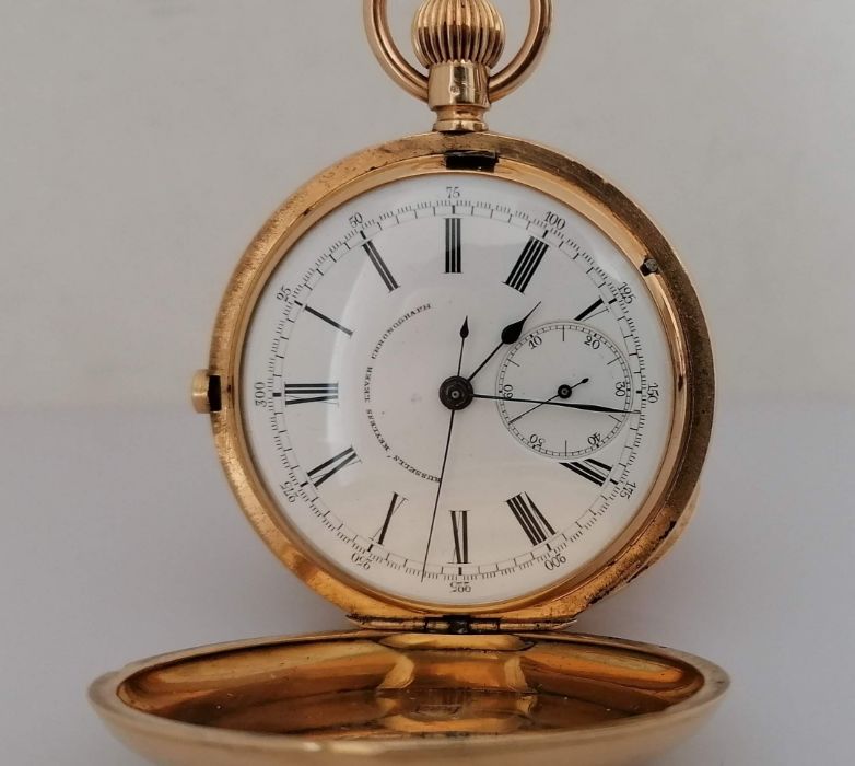 A Russells' Keyless Lever Chronograph in a Swiss 18 carat gold full hunter pocket watch - Bild 2 aus 8