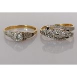 Two gold Art Deco illusion-setting diamond rings, a solitaire and a five-stone graduated, both size