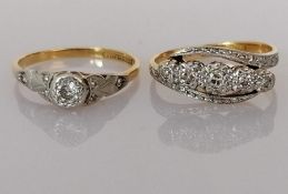 Two gold Art Deco illusion-setting diamond rings, a solitaire and a five-stone graduated, both size