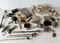 A selection of silver plated, ceramic and other trinket boxes, spoons, mate spoons, etc