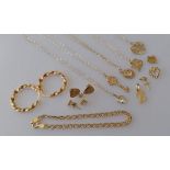 An assortment of five yellow gold pendants and chains (from 38 to 48 cm), four pendants, a bracelet