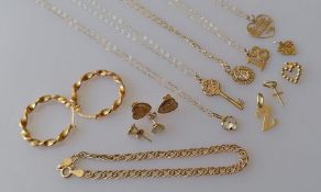 An assortment of five yellow gold pendants and chains (from 38 to 48 cm), four pendants, a bracelet