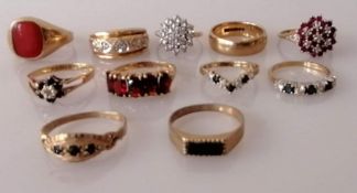 A selection of 9ct yellow gold gem-set rings, all hallmarked, various sizes, 29g