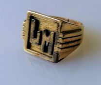A yellow gold signet ring with initials LM, stamped and tests for 18ct, size I1/2, 11.6g