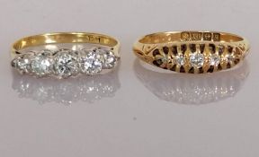 Two yellow gold graduated five-stone claw-set diamond rings: the first with old-cut diamonds