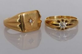 Two 18ct yellow gold diamond-set signet rings, both hallmarked for Bravingtons, London 1965, 1974, s