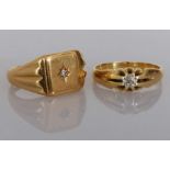 Two 18ct yellow gold diamond-set signet rings, both hallmarked for Bravingtons, London 1965, 1974, s