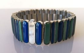 A Swatch Bijoux stainless steel bracelet with blue and green decoration, with box