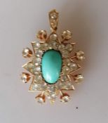 A Victorian Indian-style diamond and turquoise pendant ona yellow gold frame