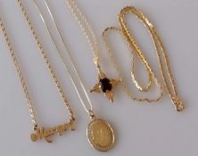 Three yellow gold pendant chains and another neck chain, all hallmarked, 21.5g (4)