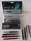 A mixed assortment of fourteen Parker fountain and ballpoint pens, four with original boxes