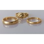 A 22ct yellow gold wedding band, 2mm, 2.5g; another 18ct yellow gold, 3mm, both hallmarked