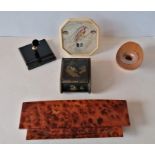 A vintage Scheaffer pen holder, an Ercol wooden inkwell with glass liner, a burr walnut pen tray