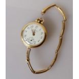 A George V ladies 18ct gold-cased fob watch with Arabic numerals, subsidiary seconds hand, dial 22mm