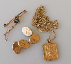 A gold St. Christopher's pendant with chain, pair of oval cufflinks with etched decoration, all hall
