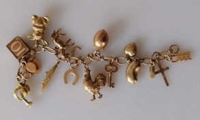A gold charm bracelet, most hallmarked 9ct, one 14k, one stamped 750, 33g