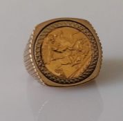 A gold half sovereign ring, 1982, shank hallmarked 9ct, size S, 12.6g