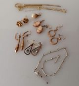 Five pair of earrings (back missing from one pair) a gold/pearl pendant, scrap gold chain segments