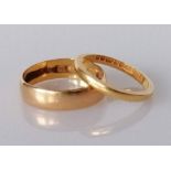 Two 22ct yellow gold wedding bands, 4mm, 2mm, sizes M, J, hallmarked, 5g (2)