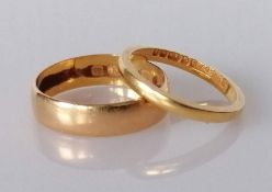 Two 22ct yellow gold wedding bands, 4mm, 2mm, sizes M, J, hallmarked, 5g (2)