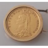 A Victorian gold half sovereign, 1887, mounted as a brooch, 7g