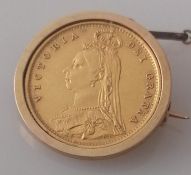 A Victorian gold half sovereign, 1887, mounted as a brooch, 7g