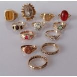 Ten gem-set 9ct carat gold rings and two signet rings, all hallmarked, various sizes, 40g