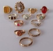 Ten gem-set 9ct carat gold rings and two signet rings, all hallmarked, various sizes, 40g