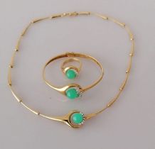 A jade and diamond on yellow gold parure comprising fancy-link necklace, bangle and ring