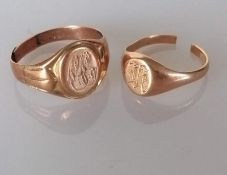 Two 9ct rose gold signet rings, both initialled, both cut, 5g