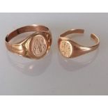 Two 9ct rose gold signet rings, both initialled, both cut, 5g