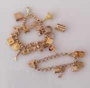Two gold charm bracelets with heart padlock clasps, all hallmarked 9ct, 86.65g