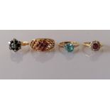 Four gem-set 18ct yellow gold rings, all hallmarked, various sizes, 15.8g (4)