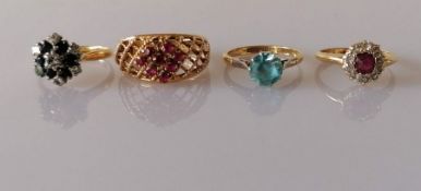 Four gem-set 18ct yellow gold rings, all hallmarked, various sizes, 15.8g (4)