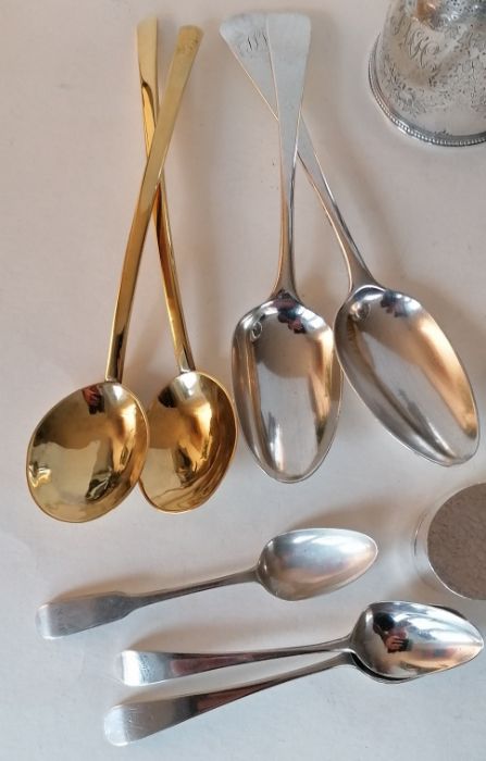 A George III silver bright-cut sugar tongs by Stephen Adams; two silver serving spoons by Thomas Cha - Image 4 of 5