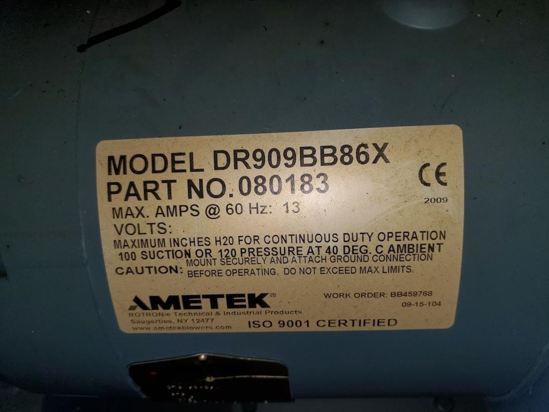 AMETEK ROTRON REGENERATIVE BLOWER MODEL: DR909BB86X PART # 080183, 60HZ - Image 2 of 3