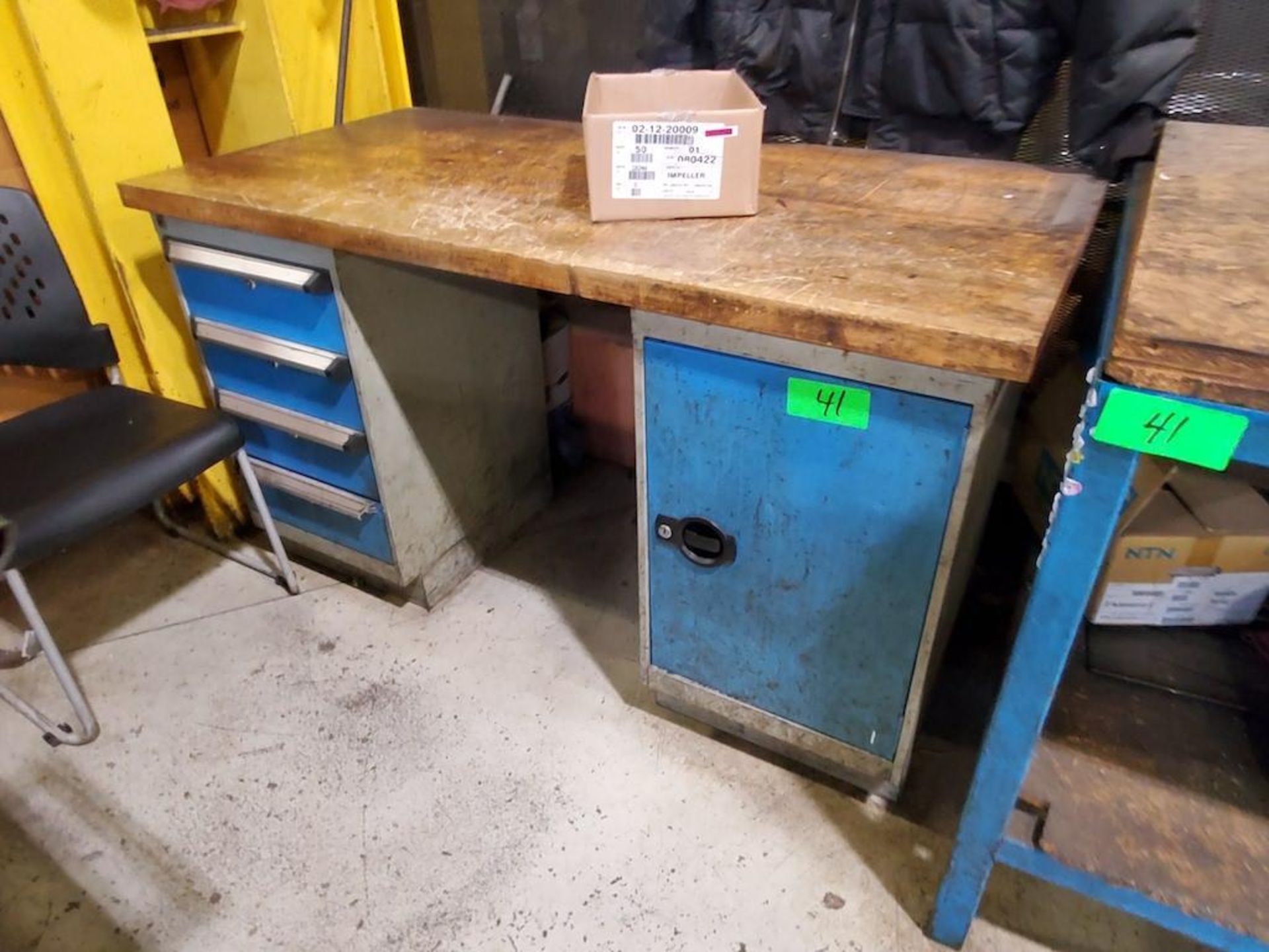 LOT 4 MAPLE TOP DESKS, TWO WITH ROSSEAU 4 DRAWERS, PLUS 2 STEEL FRAME TABLE W WOOD TOP 7'W X 32INCHD - Image 2 of 12