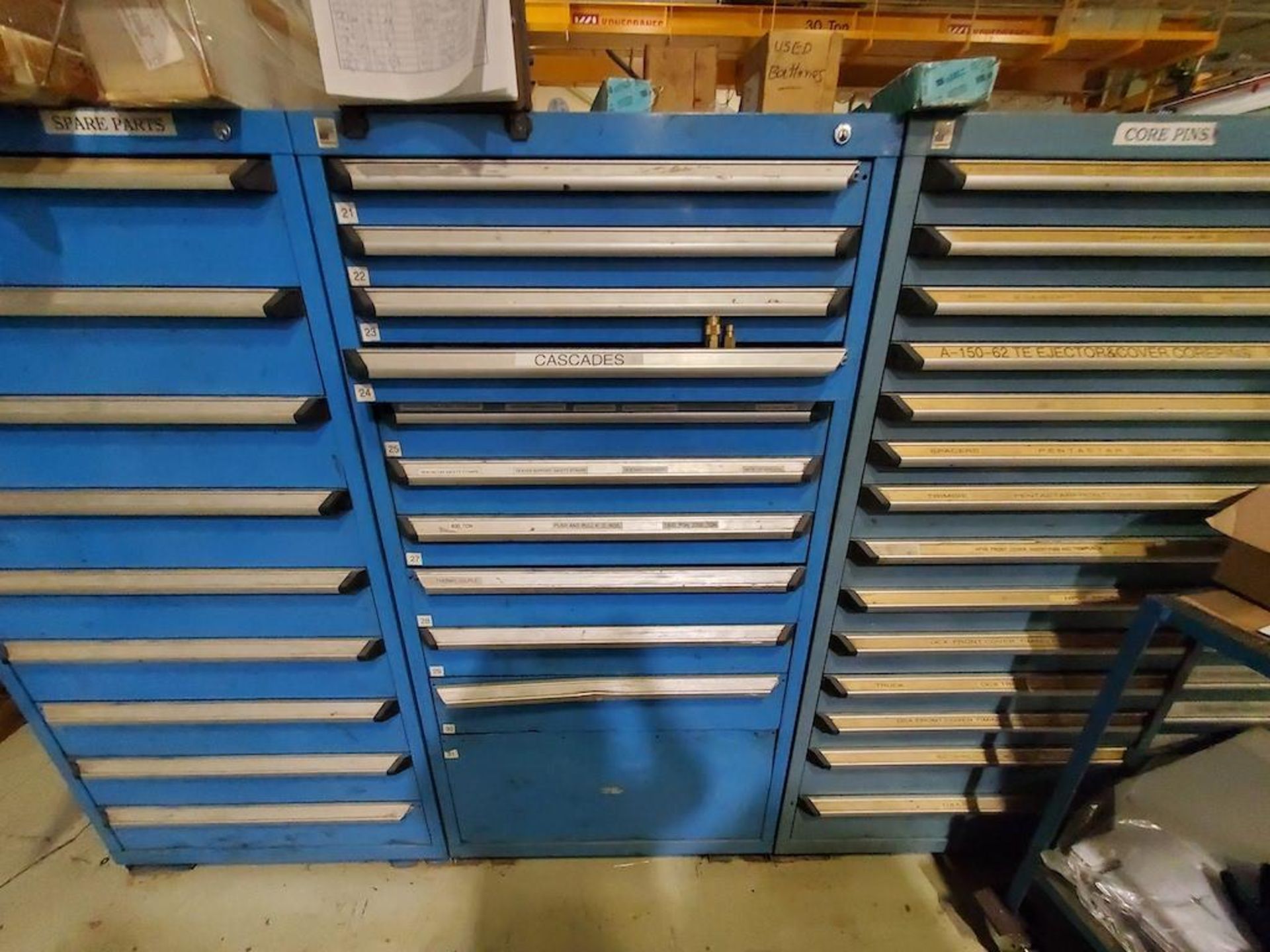 ROUSSEAU 10 DRAWER TOOL CABINET W CONTENTS, BRASS FITTINGS, THREADED BLOCKS, SPACERS, PUSH PULL,