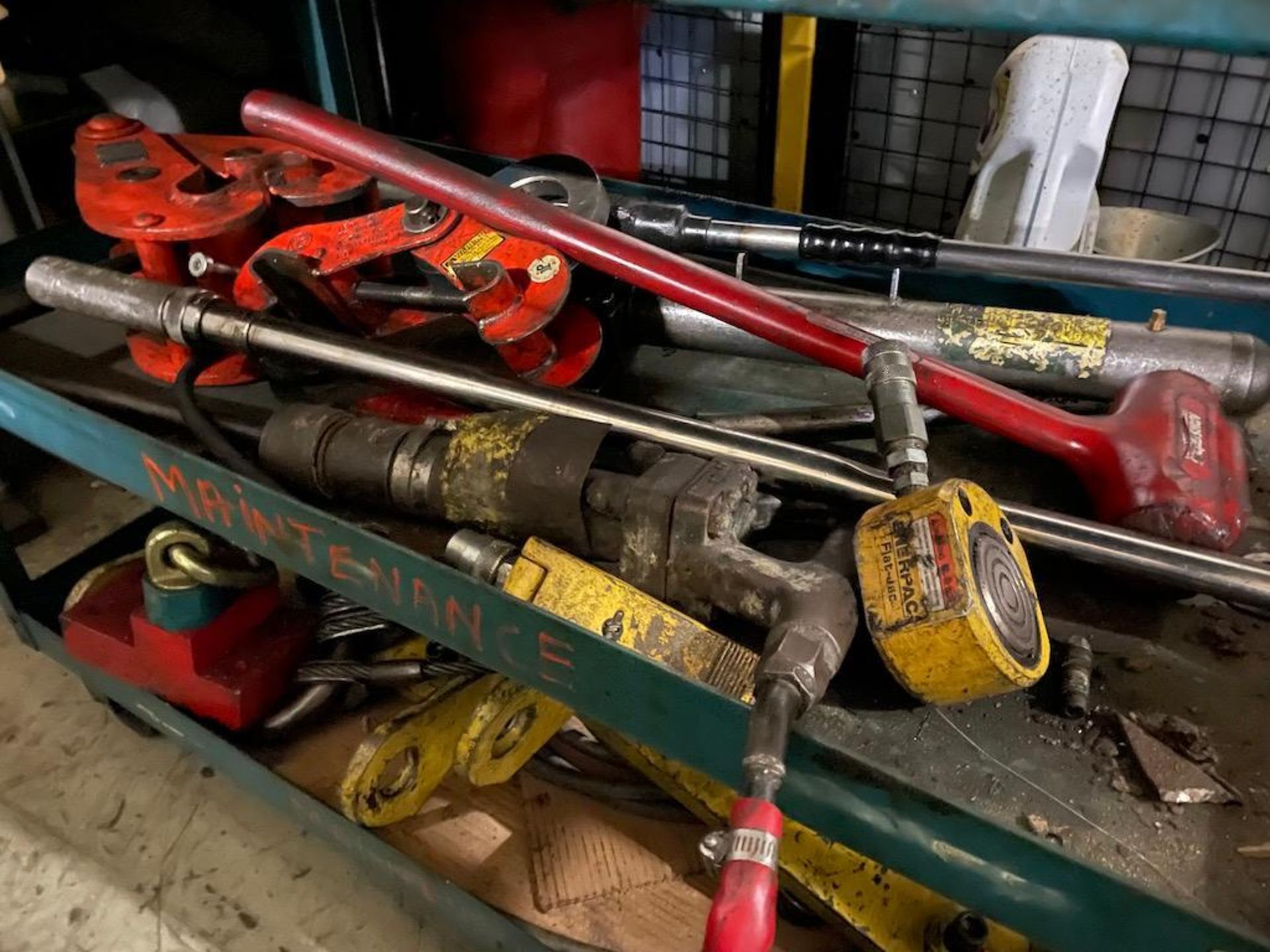 LOT REMAINING CONTENTS OF MAINTENANCE CAGE, MAG DRILL, 2 PORTABLE CARTS W JACKS, TOOLS, CONTENTS, - Image 4 of 16