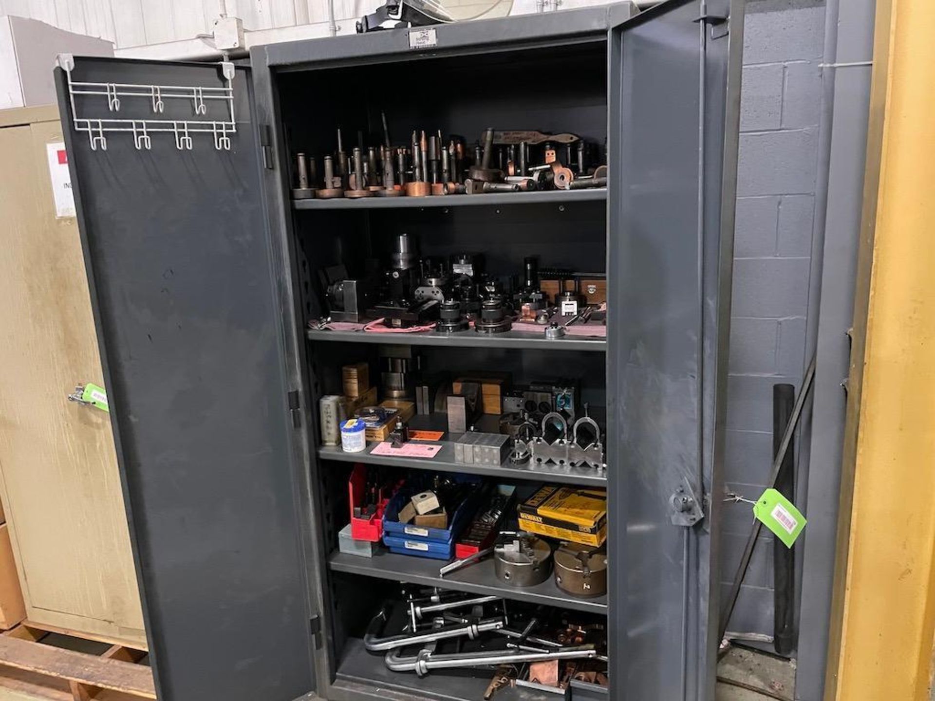 LOT HEAVY DUTY CABINET CONTAINING SYSTEM 3R TOOLING AND EDM HEADS, PRECISION BLOCKS, CHUCKS,