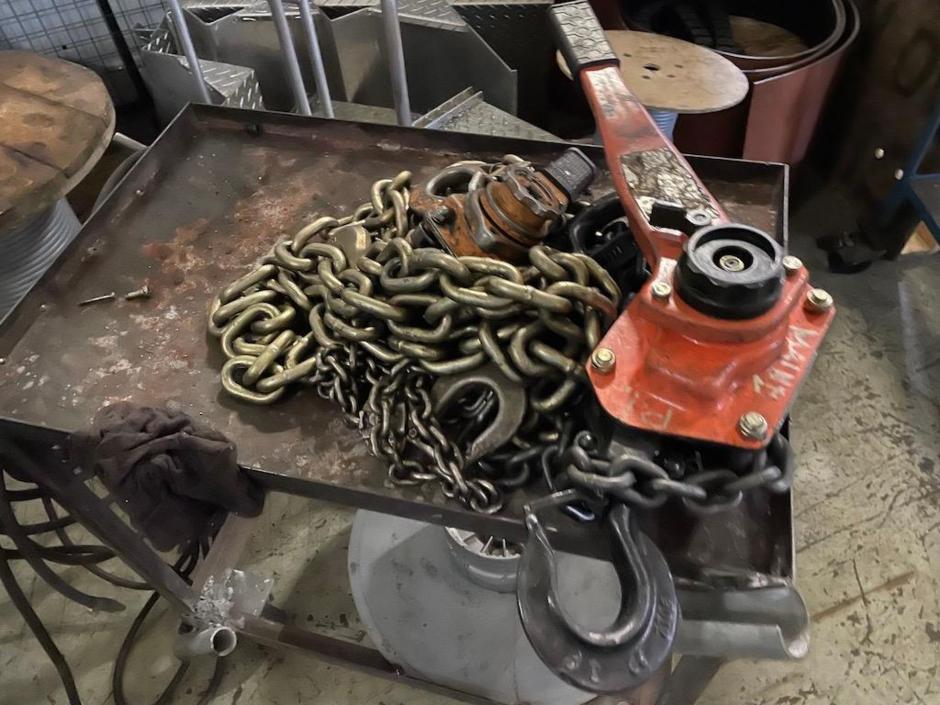 LOT REMAINING CONTENTS OF MAINTENANCE CAGE, MAG DRILL, 2 PORTABLE CARTS W JACKS, TOOLS, CONTENTS, - Image 2 of 16