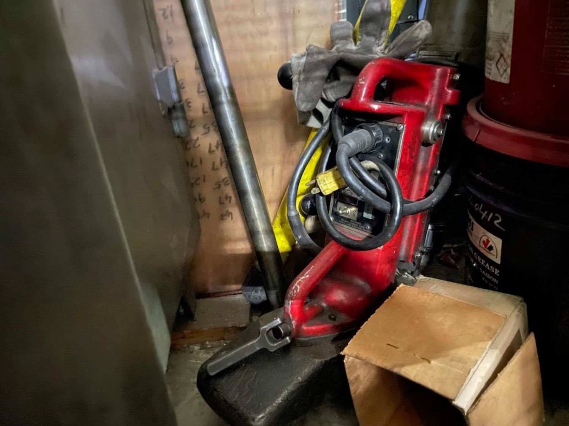 LOT REMAINING CONTENTS OF MAINTENANCE CAGE, MAG DRILL, 2 PORTABLE CARTS W JACKS, TOOLS, CONTENTS, - Image 16 of 16