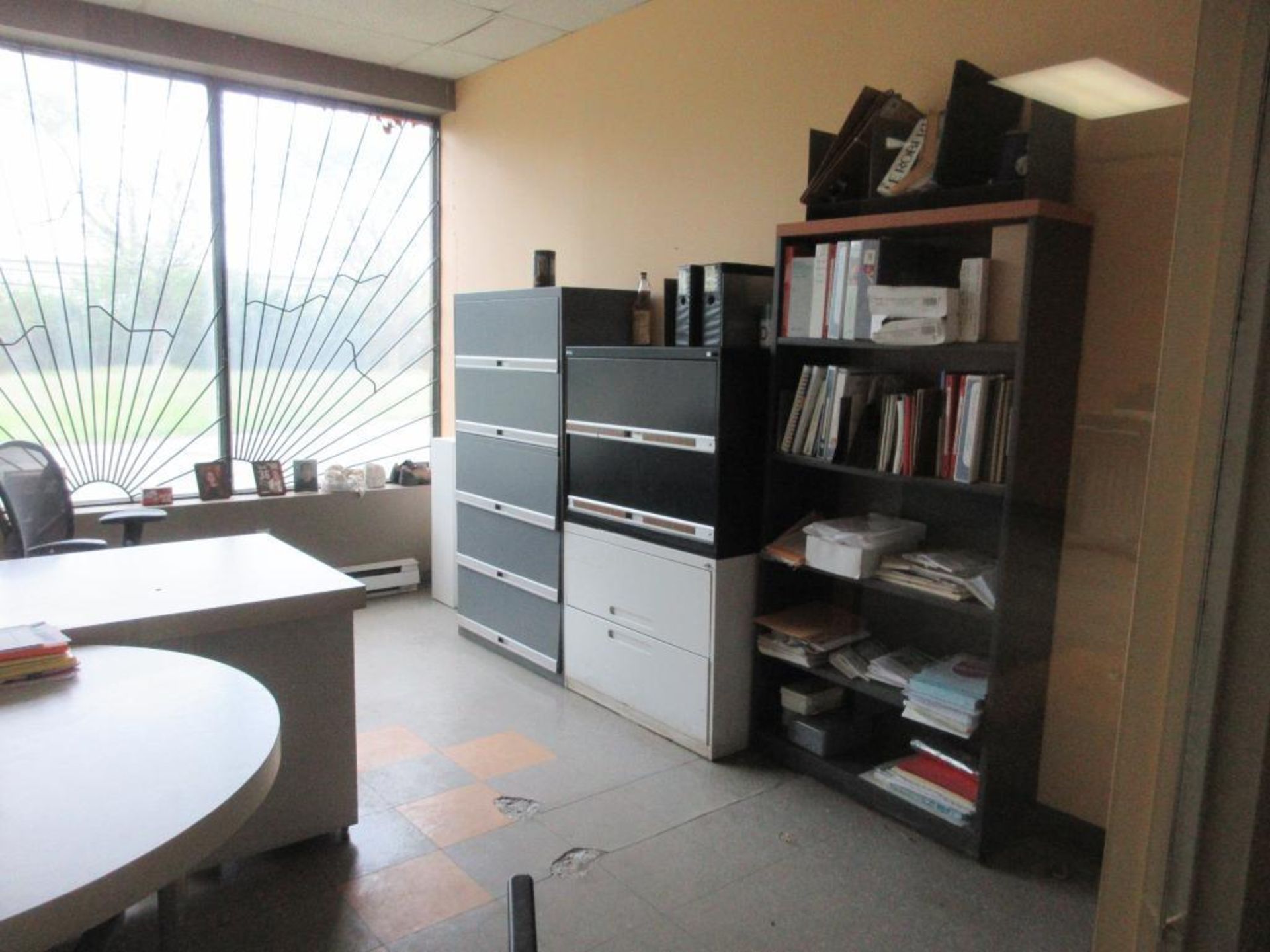 CONTENTS OF 1 OFFICE INCL L SHAPED DESK, ROUND TABLE, 2 CHAIRS, 3 FILE CABINETS AND 1 BOOKCASE (NO E - Image 5 of 6