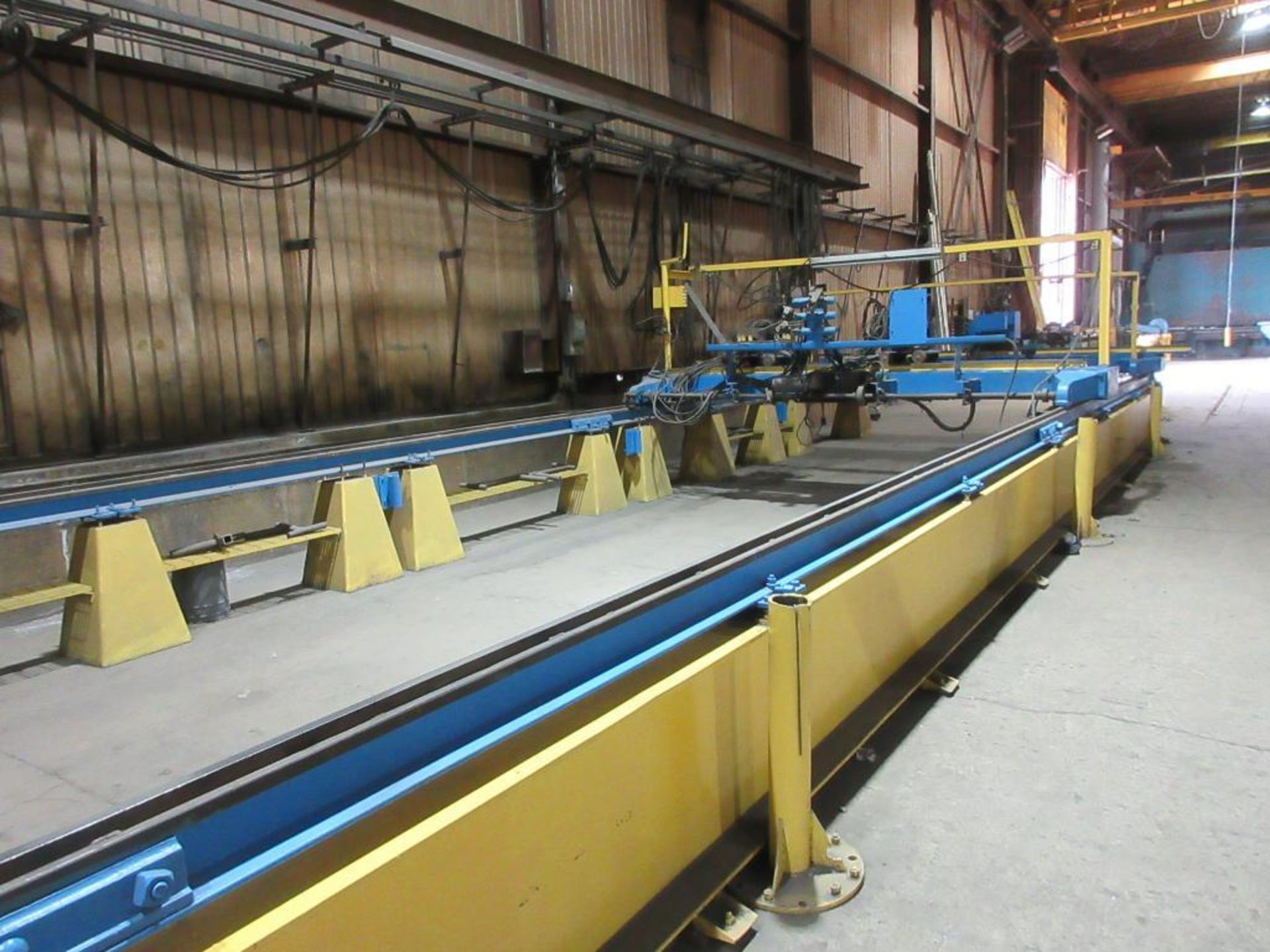 PANDJRIS CUTTING TABLE, 12'W X 66'L APPROX, WITH 3 12' BRIDGES, 3 TORCHES, TROLLIES, WALL MOUNTED WI - Image 4 of 11