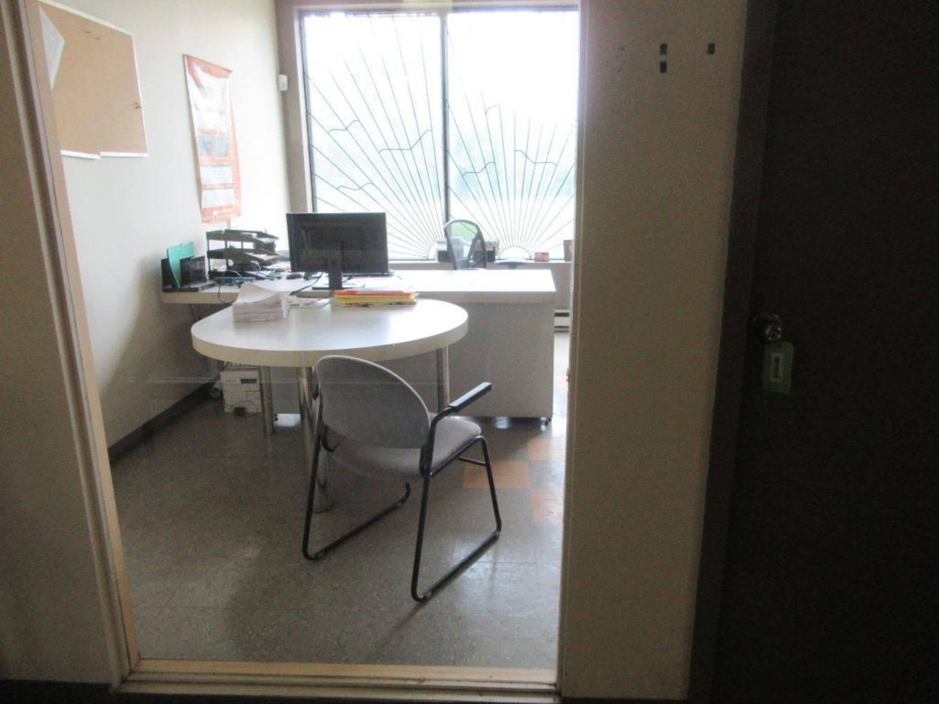 CONTENTS OF 1 OFFICE INCL L SHAPED DESK, ROUND TABLE, 2 CHAIRS, 3 FILE CABINETS AND 1 BOOKCASE (NO E