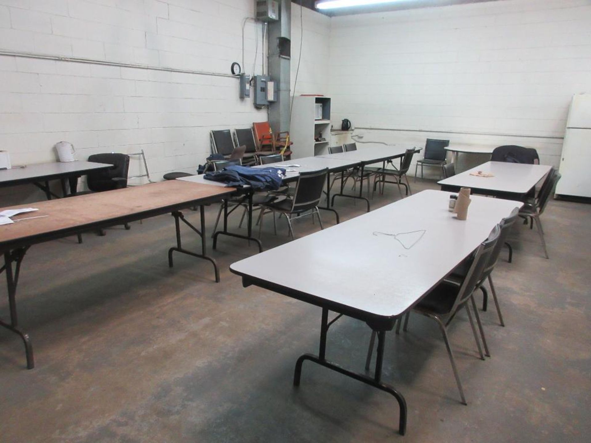 REMAINING CONTENTS OF EMPLOYEE BREAK AREA INCL FOLDING TABLES, STACKABLE CHAIRS, MICROWAVES, FRIDGES